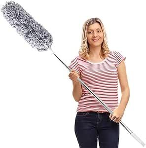 DELUX Microfiber Feather Duster Extendable About this item Extendable Long Pole- With high-quality 100-inch long stainless steel telescopic pole, you don't need to take risks cleaning the high areas anymore, just use this duster for cleaning and extend the length of duster pole from 30 to 100 inches to clean the dust easily.Cobweb Duster with 100 inches Extra Long Pole, Bendable Head & Scratch-Resistant Hat for Cleaning Ceiling Fan, High Ceiling, Blinds, Furniture & Cars