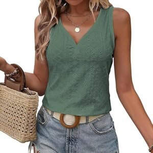 WNEEDU Womens Summer Tank Tops Ladies Eyelet Embroidery Sleeveless V Neck Hollow Shirts 2025 New
