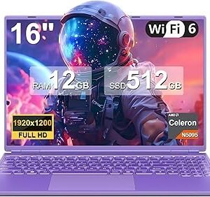 NOTODD Laptop 16" 12GB LPDDR4 512GB SSD Celeron N5095 Up to 2.9Ghz Quad-Core Win 11 PC 1920*1200 2K Screen Dual WIFI Support 2.5" HDD 1TB SSD Expand with Cooling Fan Numeric Keypad for Business-Purple