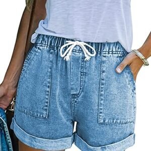 KINGFEN Womens Drawstring Casual Elastic Waist Jean Shorts Pure Color Jean Shorts Summer Shorts with Pockets
