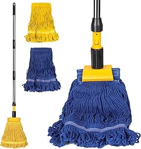 Almcmy Commercial Mop, Heavy Duty Industrial Mop with 2 Replacement Heads, 57" Long Handle, Looped-End String Wet Mop for Floor Cleaning, Janitorial Mop for Home Kitchen Garage Workshop Warehouse