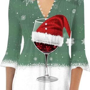 Christmas Tops for Women 2024 Holiday Xmas Printed Long Sleeve Shirts V Neck Button Henley Blouses Hide Belly Tunic