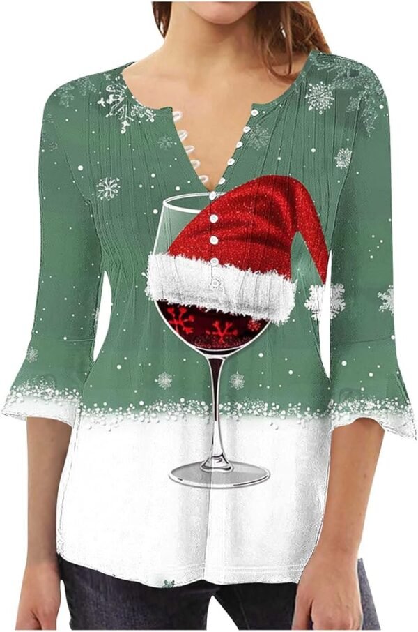 Christmas Tops for Women 2024 Holiday Xmas Printed Long Sleeve Shirts V Neck Button Henley Blouses Hide Belly Tunic