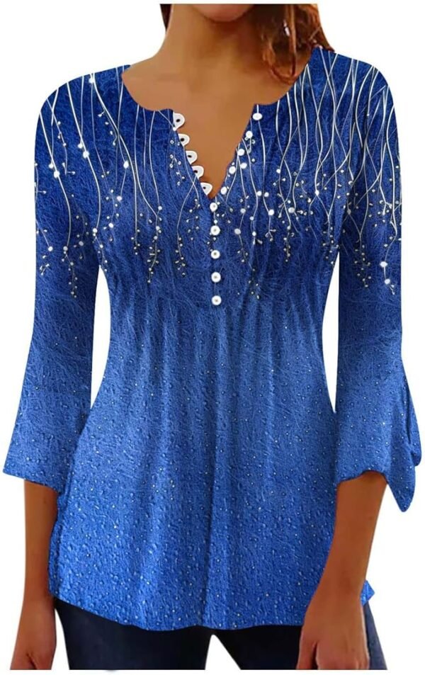 Women's Dressy Tops Elegant Casual Shirts 3/4 Sleeve Tunic Tops Flower Print Blouses V Neck Spring Summer Tshirts