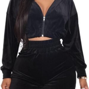 YZHM Womens Fall Outfits 2 Piece Set Zip Up Cropped Hoodies and Wide Leg Sweatpants Velvet Tracksuit Comfy Lounge Sets