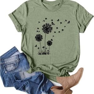 FONMA Casual Tops for Women 2025 Summer Dandelion Printed Crew Neck Short Sleeve Shirt Loose Daily Workout Blouse
