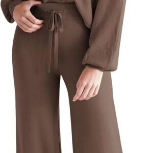 YZHM Women's Sweatsuits 2 Piece Outfits Long Sleeve Sweater and Wide Leg Pants Sofy Cozy Lounge Sets Ribbed Matching Sets