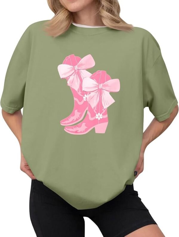 FONMA Summer Tops for Women 2025 Y2K Bow Graphic Crew Neck Short Sleeve Shirt Casual Loose Fit Workout Blouse Tee