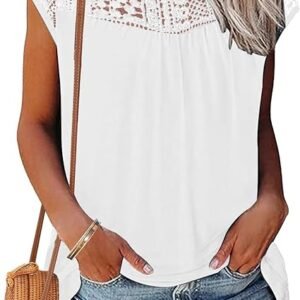 WNEEDU Women's Summer T Shirts Casual Crew Neck Lace Trim Ladies Tops 2025 New