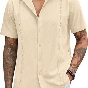 COOFANDY Mens Short Sleeve Button Down Shirts Cuban Guayabera Shirt Casual Summer Beach