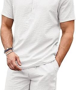 COOFANDY Men's 2 Pieces Linen Set Casual Henley Shirts Short Sleeve Beach Yoga Shorts Summer Outfits