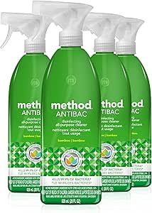 Method Antibacterial All-Purpose Cleaner Spray, Disinfectant Spray Perfect for Most Counters, Tiles, Stone, and Surfaces, Kitchen and Home Essentials, Bamboo Scent, 828 mL Spray Bottles, 4 Pack, Clear