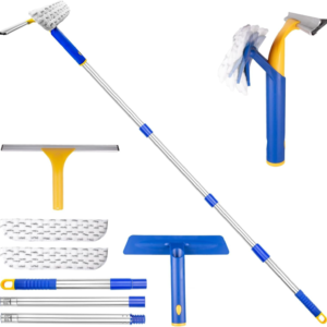 BITOPE 2 in 1 Squeegee for Window Cleaning, 60" Extension Pole Long Handle Window Cleaner Tool,12" Window Squeegee and 2pcs 11" Microfiber Cloth for Shower Glass Door, High Window Cleaning Kit
