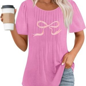 FONMA Summer Tops for Women 2025 Y2K Bow Graphic Printed Crew Neck Short Sleeve Shirt Loose Fit Pullover Blouse