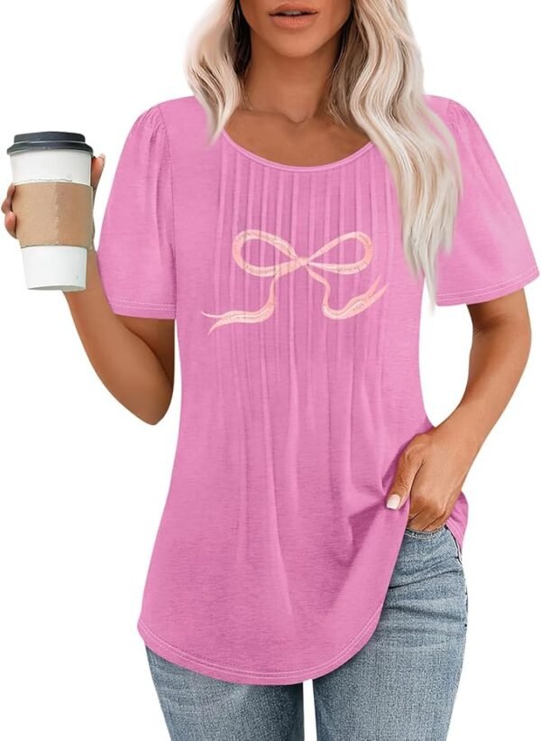 FONMA Summer Tops for Women 2025 Y2K Bow Graphic Printed Crew Neck Short Sleeve Shirt Loose Fit Pullover Blouse