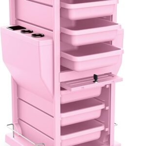 TASALON Ultimate Rolling Cart for Salon Stations - Space Saving, Lockable 6 Tray Salon Trolley with 2 Tray Holders - Hair Beauty Cart Upgrade - Pink