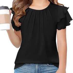 Visit the Arshiner Store Arshiner Girls T Shirts Ruffle Short Sleeve Summer Pleated Crewneck Casual Tops Tees Blouses