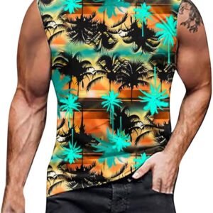 Visumz Hawaiian Printed Vests Men Summer Round Neck Sleeves Tunic Camisole Beach Sports Daily Vest Camis