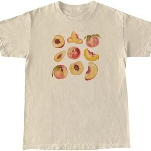 Sxkayxr Women Summer Peaches Print Graphic Tee Vintage Cute Fruit T-Shirt Y2K Short Sleeve Crewneck Aesthetic Teen Girl Tops