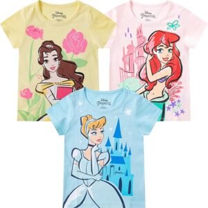 Disney Princess Ariel, Cinderella, Belle, Girls 3 Piece Short Sleeve T-Shirt for Toddler and Big Kids