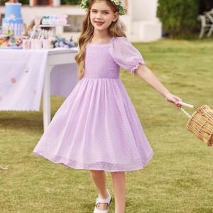 Arshiner Girls Summer Swiss Dot Chiffon Puffy Sleeve Square Neck Smocked Flowy Midi Dress 5-14 Years
