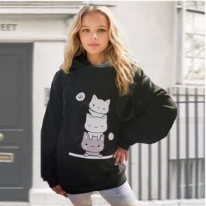 Girls Kitty Print Sweatshirt Kids Crewneck Sweater Long Sleeve Pullover for Autumn Winter Clothes