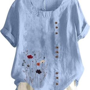 Cotton Linen Tops for Women Loose Fit Casual Roll Up Short Sleeve T-Shirt Trendy Cute Floral Print Blouse 2025 Summer