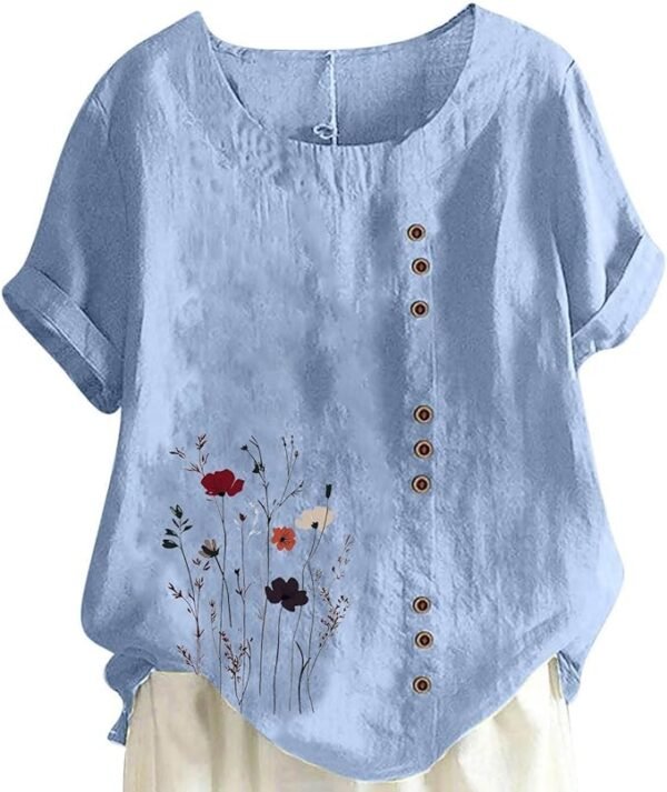 Cotton Linen Tops for Women Loose Fit Casual Roll Up Short Sleeve T-Shirt Trendy Cute Floral Print Blouse 2025 Summer