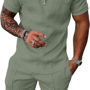 UOUA Mens Track Suits 2 Piece Sets Short Sleeve Sweatsuit Outfits 1/4 Zip Golf Polo Shirts Summer Shorts Loungewear