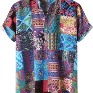 Vintage Print T Shirts for Men Stand Collar Short Sleeve Blouse Tops Button Closure Hawaii T-shirts Clothes Streetwear