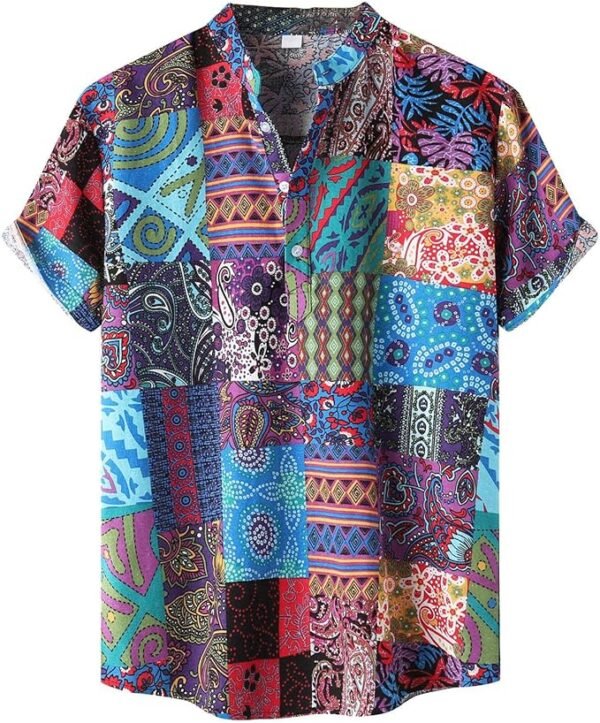 Vintage Print T Shirts for Men Stand Collar Short Sleeve Blouse Tops Button Closure Hawaii T-shirts Clothes Streetwear