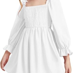 JiAmy Girls Dress Long Sleeve Square Neck Dresses Spring Kids Casual Elegant Wedding Party A-Line Skirt Clothes
