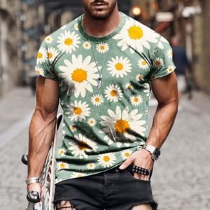Gradient Shirts Men Short Sleeve Floral Print T-Shirts Summer Fashion Vintage Round Neck T-Shirts