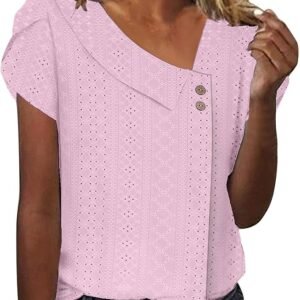 Women's Tops Eyelet 2025 Vacation Trendy Boho Shirts V Neck Button Down Blouses Loose Comfy Short Sleeve Tunic