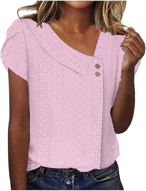 Women's Tops Eyelet 2025 Vacation Trendy Boho Shirts V Neck Button Down Blouses Loose Comfy Short Sleeve Tunic