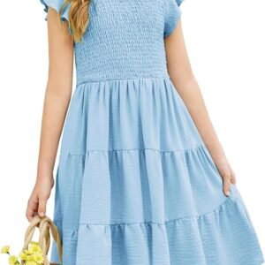 Arshiner Girls Dresses Flutter Sleeve Shirred Smocked Tiered Ruffle Swing Dress with Pockets