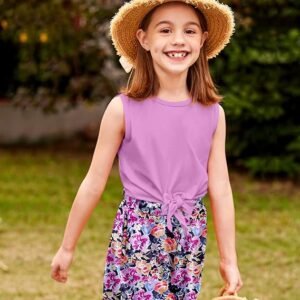 Arshiner Girl's 2 Piece Outfits Tie Knot Tank Top and Paperbag Waist Pocketed Summer Short Sets