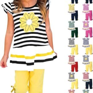 Girls Outfits Summer 2 Piece Sets Cute Ruffle Sleeve Tops Elastic Waist Capri Legging Striped Toddler Girl Clothes