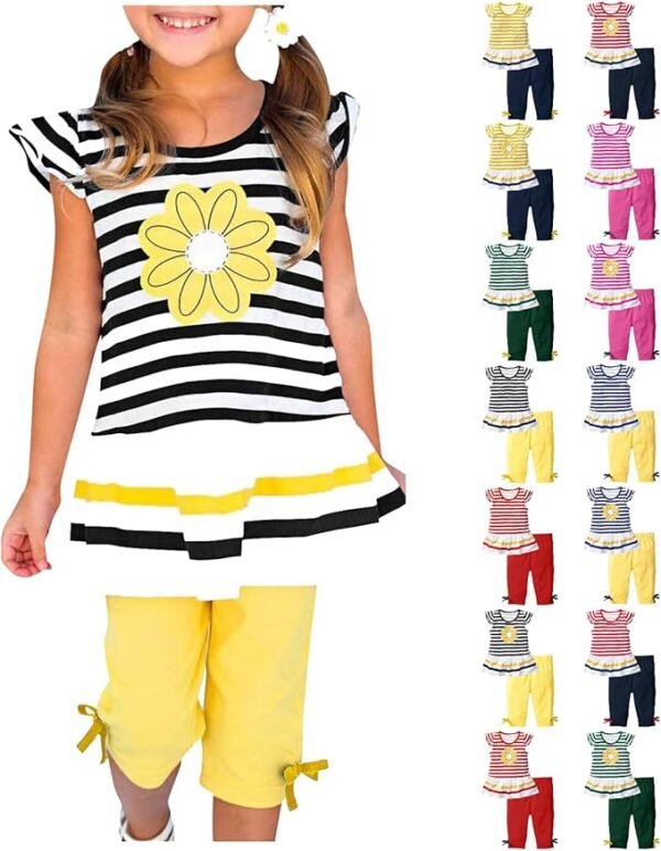Girls Outfits Summer 2 Piece Sets Cute Ruffle Sleeve Tops Elastic Waist Capri Legging Striped Toddler Girl Clothes