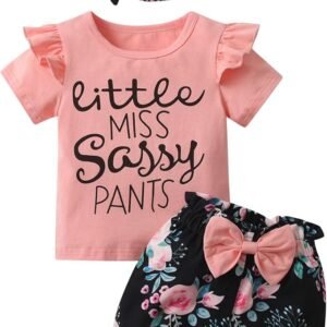 Toddler Baby Girls Summer Clothes Infant Shorts Sets Ruffle Short Sleeve T-Shirt Letter Print Pullover Shirt 3Pcs Outfit Set