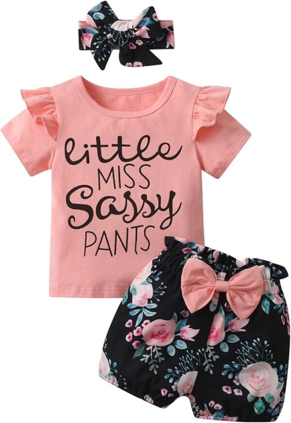 Toddler Baby Girls Summer Clothes Infant Shorts Sets Ruffle Short Sleeve T-Shirt Letter Print Pullover Shirt 3Pcs Outfit Set