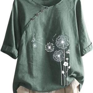Women's Linen Summer Shirts Plus Size Tops Short Sleeve Floral Blouses Loose Fit Tunic Tops Soft Tshirts for Vacation