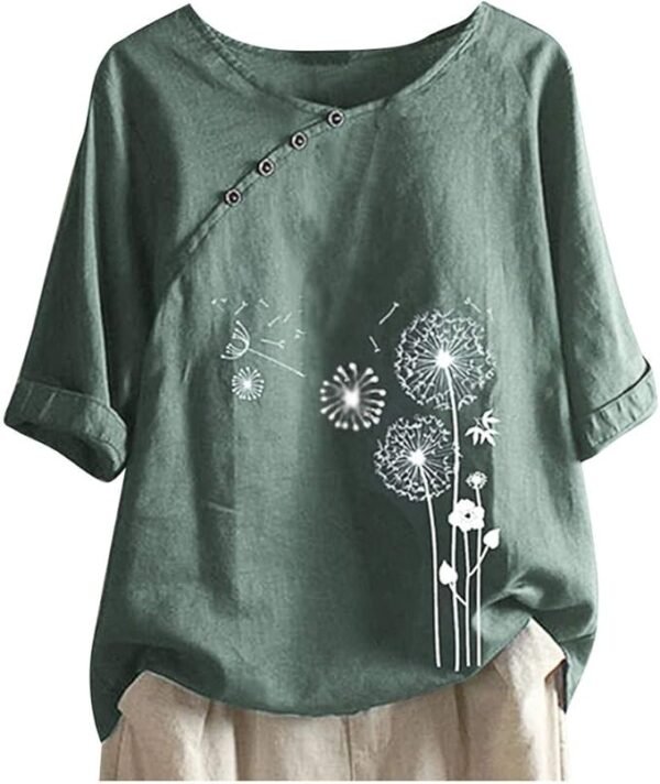Women's Linen Summer Shirts Plus Size Tops Short Sleeve Floral Blouses Loose Fit Tunic Tops Soft Tshirts for Vacation