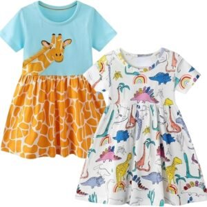 Winzik Girls Dresses Toddler Dress, Little Girls Summer Short Sleeve Cotton Casual Dresses 2 Pack Clothes 18M-9Y
