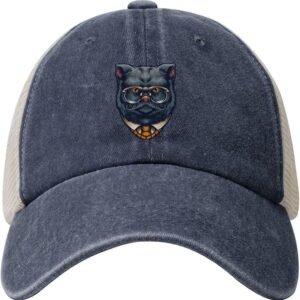 Vintage Grey Cat Gentleman with Glasses Baseball Cap for Men Women Summer Cotton Breathable Mesh Back Cap