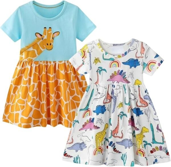Winzik Girls Dresses Toddler Dress, Little Girls Summer Short Sleeve Cotton Casual Dresses 2 Pack Clothes 18M-9Y