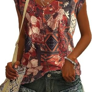 Womens Tops Tank Summer Tshirts Cap Sleeve V Neck Floral Casual Loose Fit Tunic Blouse