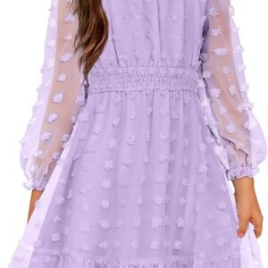 Arshiner Girls Dresses Long Sleeve Square Neck Swiss Dot Casual Flowy Dress