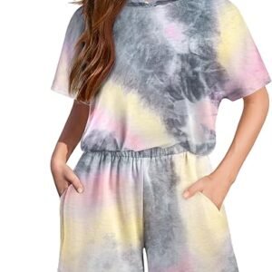 Arshiner Girls Tie Dye Two Piece Outfit Short Sleeve Pullover Crop Tops and Short Pants Sweatsuits Tracksuits