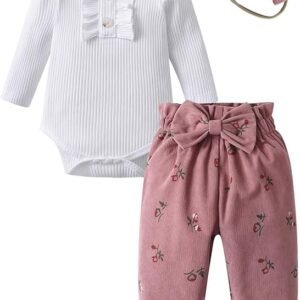 Newborn Baby Girl Clothes Infant Long Sleeve Ruffle Romper Flower Pants Sets DIY headband 3pcs Outfits Set
